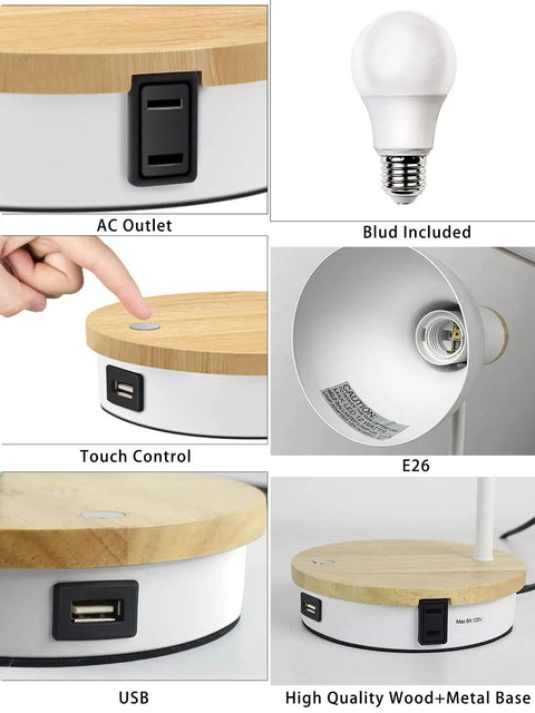 Metal Desk Lamp With Fast Wireless Charging Pad And USB Ports, Arc Table Light, showcasing parts like USB, bulb, and touch controls.