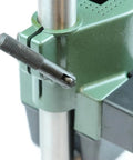 Close-up of Compact Benchtop Drill Press With Three Speeds 5000, 6500 And 8500 RPM showing adjustment lever and metal design