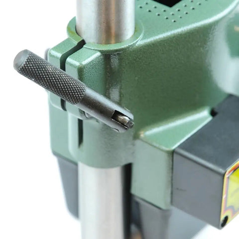 Close-up of Compact Benchtop Drill Press With Three Speeds 5000, 6500 And 8500 RPM showing adjustment lever and metal design