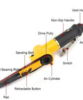 Rock Solid Air Belt Sander And Pneumatic Angle Grinder featuring adjustable grinding settings and ergonomic handle, detailed components shown.