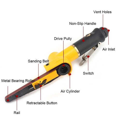 Rock Solid Air Belt Sander And Pneumatic Angle Grinder featuring adjustable grinding settings and ergonomic handle, detailed components shown.