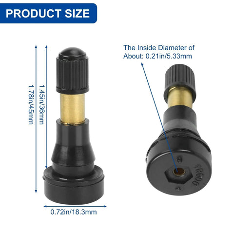 25-pack TR-600HP snap-in tire valve stems, 1-1/4in size; brass bodies with black plastic bases, front and side views.