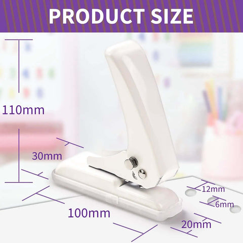 Dimensions of single hole punch for crafts and scrapbooks with 40 sheets punch capacity non slip removable base, shown in a side view