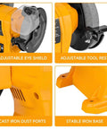 Heavy Duty Wet Dry Bench Grinder With Six And Eight Inch Grinding Wheels, featuring adjustable eye shield and tool rest.
