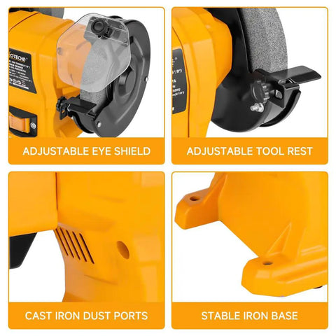 Heavy Duty Wet Dry Bench Grinder With Six And Eight Inch Grinding Wheels, featuring adjustable eye shield and tool rest.