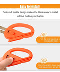 Multi Tool Wrapping Paper Cutter And Vinyl Film Cutter with safe blade installation in orange plastic casing, step-by-step guide