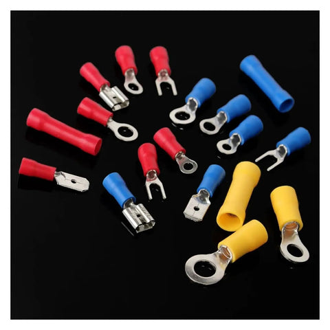 Get The ULTIMATE WVAIUPIX 1200 Pcs Mixed Assorted Lug Kit With Insulated Electrical Wire Connector Crimp Terminals Spade Ring Set Perfect For All Your CLH 22-10 AWG Projects And Heavy Duty Wiring Hauls Today. Assorted insulated crimp terminals on black background