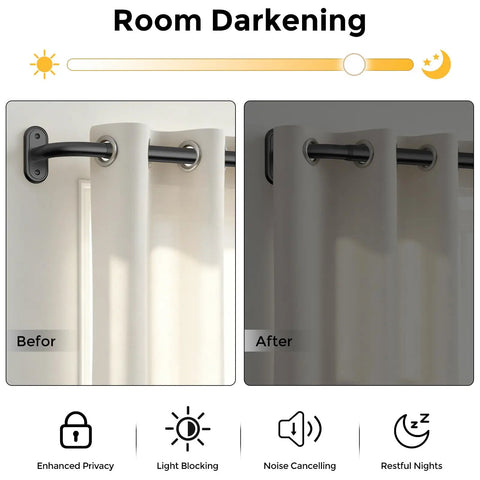 Wrap Around Blackout Curtain Rod For Windows 36 To 120 Inches, 1 Inch Adjustable Heavy Duty Metal Rod With Aluminum Bracket, Seamless Frame Wrap Light Blocking For Bedroom, Living Room, And Sliding Doors showing before and after room darkening effect