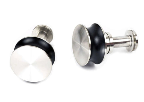 Close-up of stainless steel round brackets from 6Ft Stainless Steel Flat Roller Ceiling Mount Sliding Barn Door Hardware Kit