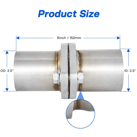 Exhaust Flange Repair Pipe Kit 2.5 Inch ID To 2.5 Inch OD With Stainless Steel Gasket And Two Bolts, side view with measurements