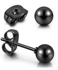 Hypoallergenic Stainless Steel Black Ball Stud Earrings Set 10 Pieces 5 Pairs Lightweight And Shiny Balls From Small To Large Sizes For Everyday Wear And Dressy Outfits, black ball stud earring close-up with butterfly clasp