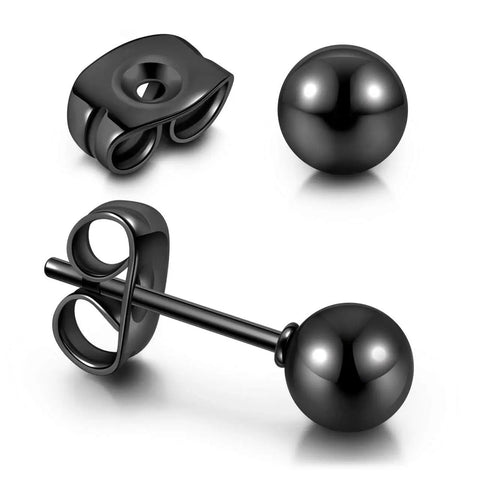 Hypoallergenic Stainless Steel Black Ball Stud Earrings Set 10 Pieces 5 Pairs Lightweight And Shiny Balls From Small To Large Sizes For Everyday Wear And Dressy Outfits, black ball stud earring close-up with butterfly clasp
