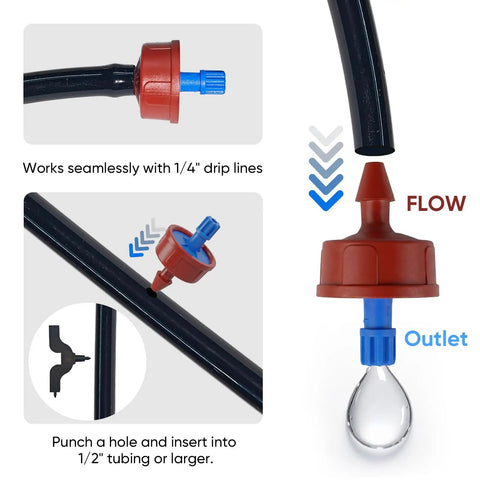 Self Cleaning 0.5 GPH Drip Emitter For Garden Irrigation With Pressure Compensation No Fuss Easy 1/4 Inch Tubing Fit diagram