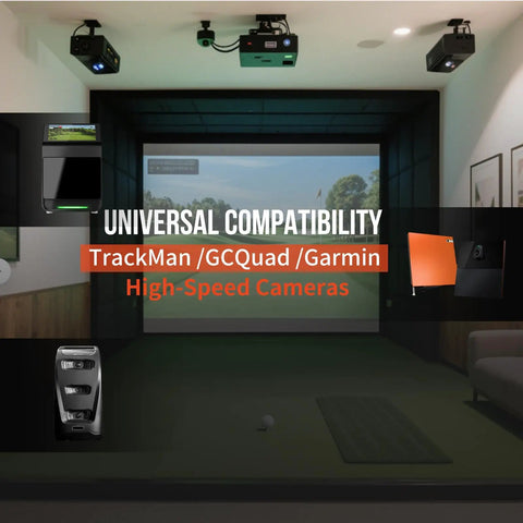 Indoor golf simulator with universal compatibility; monitors for tracking with 0.25 Inch Reflective Dot Stickers For Golf Launch Monitors