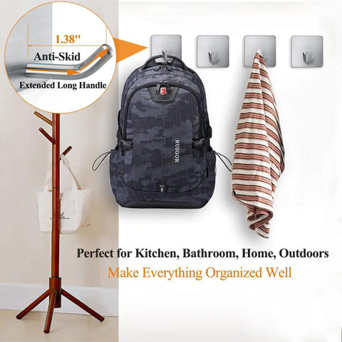 Adhesive Stainless Steel Wall Hooks 4 Pack Heavy Duty Waterproof Stick On Mount For Towels Coats Hats Robes Bags And More Bathroom Kitchen Mounts No Drill Easy Install with bag and towel