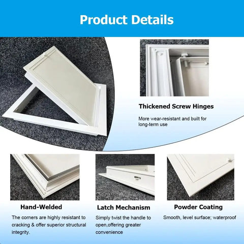 Rock Solid Flush Mount Access Panel For Drywall With Heavy Duty Aluminum Frame And Sleek Galvanized Steel Cover fast snap install details, showing hinges and latch.