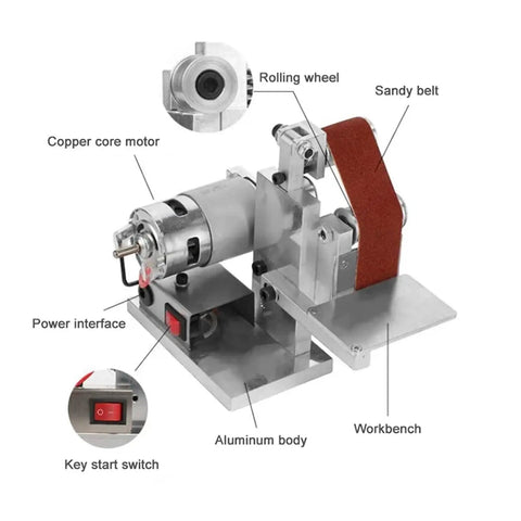Ultimate Mini Electric Belt Sander And Multifunctional Desktop Grinder For Diy Polishing Sand Milling Cutting Edge Sharpener with copper core motor and aluminum body.