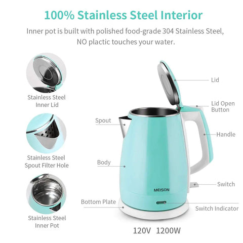 Electric Kettle With BPA Free No Plastic Contact Stainless Steel Interior Double Wall For Safe Hot Water Touch Cool To The Touch Coffee And Tea Pot Kettle With Auto Shut Off Boil Dry Protection 1.5L 2 Year Warranty labeled parts diagram