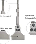 Close-up of Six Piece SDS Plus Floor Scraper Set with anti-loosening screw and sharp blade for tile, brick, stone, and concrete removal.