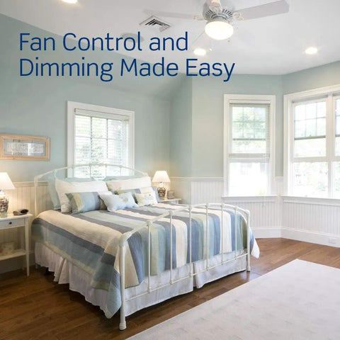 Bedroom with Ceiling Fan Control And Dimmer Switch With Separate Fan Speed And Light Dimmer For LED CFL Halogen And Incandescent Bulbs Plug And Play Setup White 66DF-10W