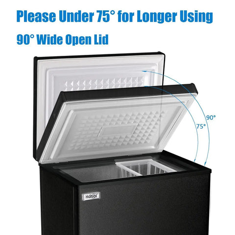 Keep Your Cool With This Badass 3.5 Cubic Foot Chest Freezer Featuring Seven Chill Zones And A Sleek Black Shell That Slays On Tiny Apartment Counters Or College Dorm Rooms, showing 90° wide open lid.