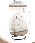 Patio Hanging Egg Chair Cover Waterproof Heavy Duty Outdoor Double Seat Swing Cover With Stand Beige And Brown Fits Up To 66W X 43D X 68H No Brainer Easy On Off Front Zippers shown installed over chair.