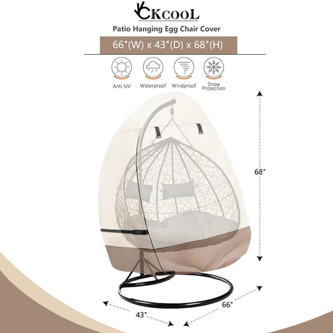 Patio Hanging Egg Chair Cover Waterproof Heavy Duty Outdoor Double Seat Swing Cover With Stand Beige And Brown Fits Up To 66W X 43D X 68H No Brainer Easy On Off Front Zippers shown installed over chair.