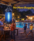 Outdoor Bug Zapper With 4200V Electric Grid And LED Light Waterproof Mosquito Killer for patio near pool at night with people.