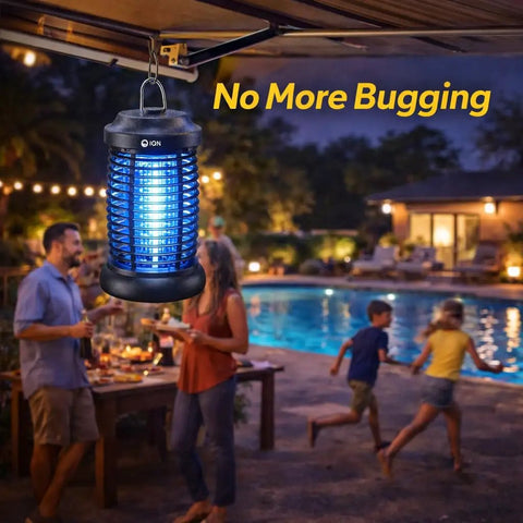 Outdoor Bug Zapper With 4200V Electric Grid And LED Light Waterproof Mosquito Killer for patio near pool at night with people.