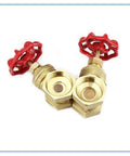 Angled view of two brass ball valves with red wheel handles and threaded ends for hot and cold water.