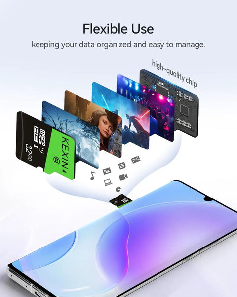 Five 32GB Micro SD Cards With SD Adapters UHS I C10 U1 High Speed Memory Cards and smartphone showcasing versatility.
