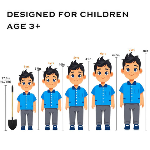 Illustration of children's height comparison with shovel alongside, for Two Pack Kids Beach Shovels For Sand Digging.