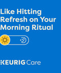 Blue background with 'Like Hitting Refresh on Your Morning Ritual' text promoting K-Duo 3 Month Brewer Care Kit With Descaling Solution Cleansing Tablets Rinse Pods And Water Filter Cartridges To Eliminate Mineral Build Up Coffee Oils Flavor Carryover And Improve Taste For A Smooth Cleaner Brew.