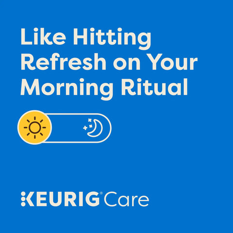 Blue background with 'Like Hitting Refresh on Your Morning Ritual' text promoting K-Duo 3 Month Brewer Care Kit With Descaling Solution Cleansing Tablets Rinse Pods And Water Filter Cartridges To Eliminate Mineral Build Up Coffee Oils Flavor Carryover And Improve Taste For A Smooth Cleaner Brew.