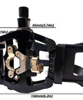 Dual Sided SPD Clipless Pedals With Toe Clip Straps For Indoor Cycling Three In One System For Peloton Spin Bikes Universal Nine Sixteenth Inch Axle Fit Aluminum CNC Body With Sealed Bearings And Quick Release Clips, showing dimensions