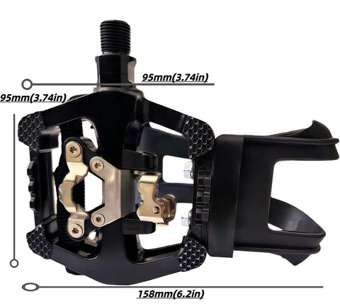 Dual Sided SPD Clipless Pedals With Toe Clip Straps For Indoor Cycling Three In One System For Peloton Spin Bikes Universal Nine Sixteenth Inch Axle Fit Aluminum CNC Body With Sealed Bearings And Quick Release Clips, showing dimensions