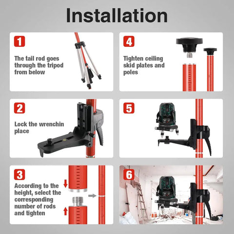 Installation guide for Extendable Laser Level Pole with Telescoping Tripod 12 Feet Tall for Rotary and Line Lasers Red Finish