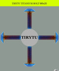 Premium M6x20 Titanium Bolts Four Piece Set Burnt Blue Anodized Finish arranged in a cross pattern on a gray background.