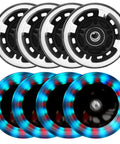 8 Pack Lit Up Inline Skate Wheels 64mm 72mm 76mm 80mm With ABEC 9 Bearings 85A Durometer, glowing blue-red LEDs visible