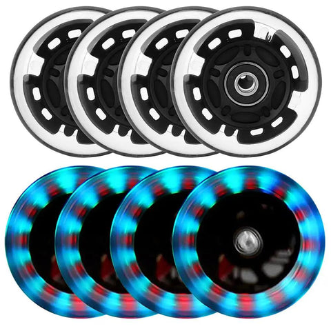 8 Pack Lit Up Inline Skate Wheels 64mm 72mm 76mm 80mm With ABEC 9 Bearings 85A Durometer, glowing blue-red LEDs visible