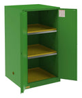 Heavy Duty 60 Gallon Pesticide Storage Cabinet With A Leak Proof Bottom And Built Like A Tank Double Wall Steel Build, green with three shelves.