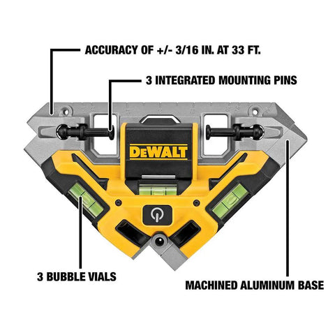 33 Foot Laser Square With Rugged Aluminum Base, Triple Bubble Vials, IP54 Dust And Water Resistant, Mounting Pins Included.