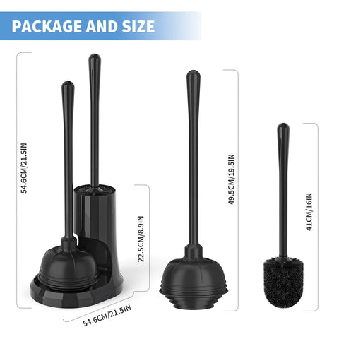 Heavy Duty Toilet Plunger And Brush Set With Holder 2 In 1 Bathroom Cleaning Kit Featuring Dimensions Against White Background
