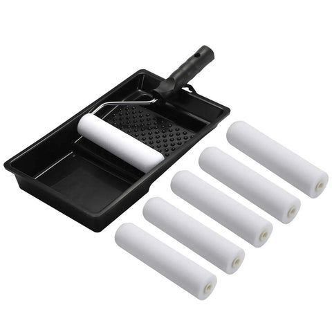 Six Inch Foam Paint Roller Set With High Density Mini Roller Covers Refills Roller Frame And Tray Pro Grade For Bathtub Refinishing Walls And Tile Pack Of Eight shown with tray and six rollers