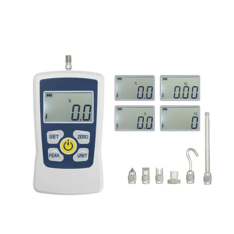 Beefy Digital Force Gauge Dynamometer For Push And Pull Testing, Ultra High Precision And Resolution, Real Time, Peak And First Peak Modes, Four Units N Kg Lb Oz, 20N Capacity, Acceleration Setting For Custom Calibration. white digital force gauge with adapters