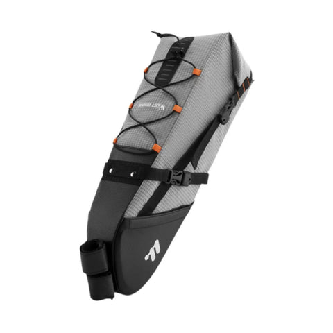 Side view of Large Capacity Waterproof Bike Seat Bag for Road and Mountain Rides Bikepacking Saddle Wedge Bag with bungee cord.