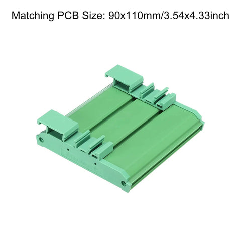 Green PVC PCB DIN Rail Mount Carrier for 90 x 110mm Boards, Easy Install Circuit Board Mounting Holder, durable and secure.