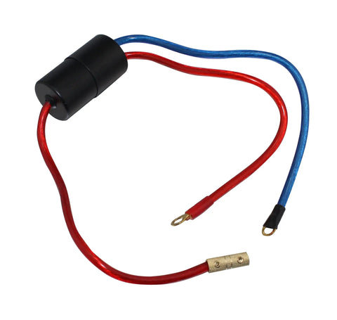 Image of a 70 Amp Car Audio Noise Filter Suppressor for Stereo Systems with red and blue wiring for engine compartment install.