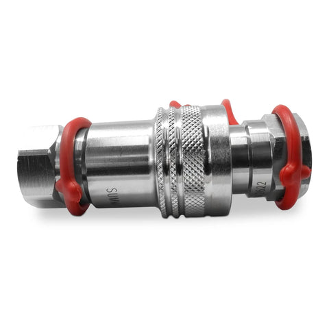 Side view of 1/2 in ISO 5675 hydraulic quick-connect tractor coupler, metal with red dust caps
