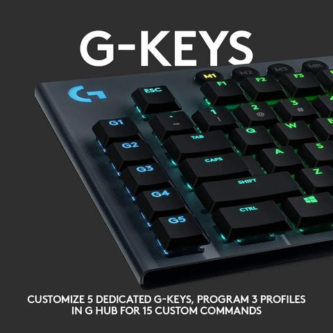 High End Wireless Mechanical Gaming Keyboard Featuring Smooth Tactile Switches And Custom RGB Backlighting For A Sleek Battle Ready Desktop Setup Built To Last That Smoothes Late Night Grinding In Matte Black Renewed - close-up of G-keys with programmable features.